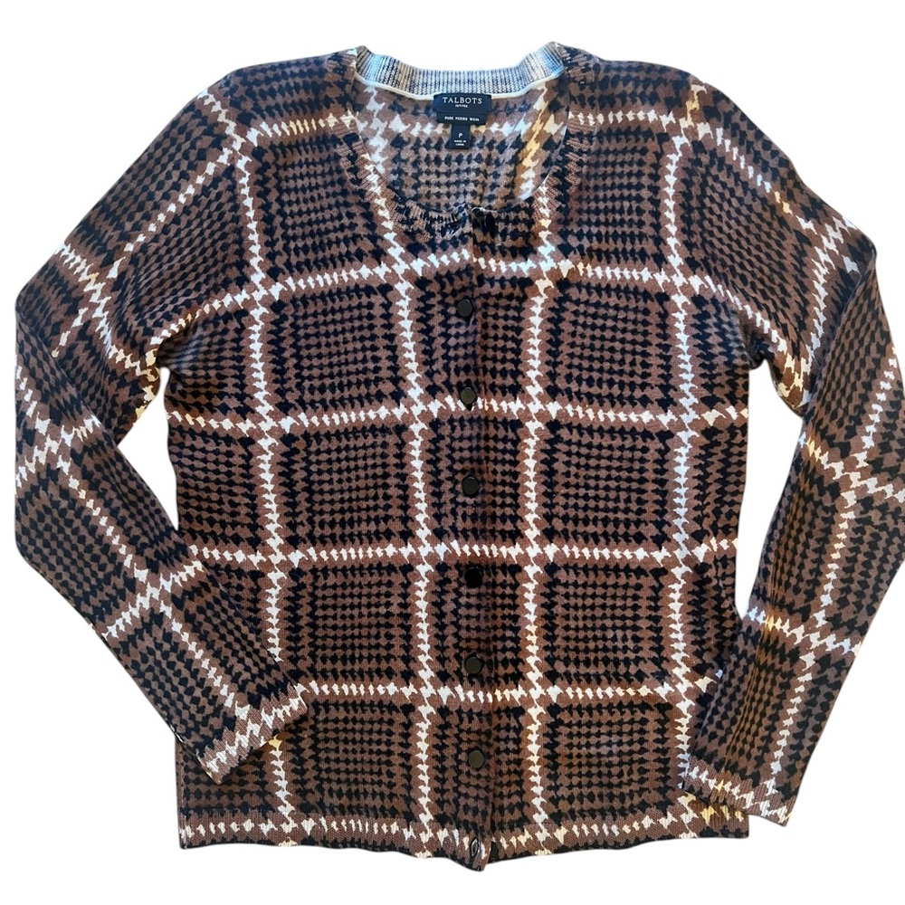 Talbots Petites 100% merino wool black and brown patterned cardigan. - Picture 1 of 5